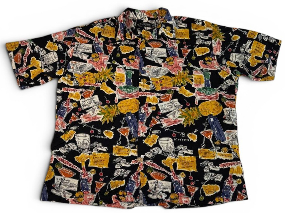 Tori Richard Honolulu Hawaiian Camp Shirt XL Black Cocktail Martini Domino Print
